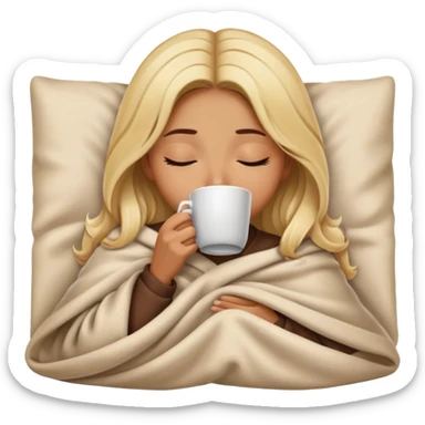 Blonde brown girl inside a blanket sipping coffee eyes closed sticker