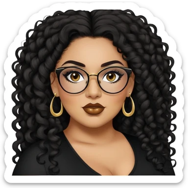 big plus size, latina, darker tan skin, long black curly hair, baddie,pretty, makeup, lipliner, black eyeliner, long hair, small gold earrings, black top, black glasses sticker