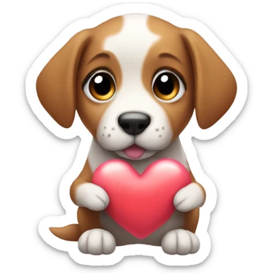 puppy holding a heart sticker