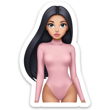 Glamours, tanned, very beautiful girl, with big pump peach-beige-rose lips, long long lashes, black straight smooth silky long hair, straight parting hair, blue-grey eyes in light pink long-sleeves bodysuit sticker