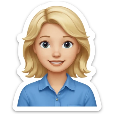 Happy blond girl with light weavy hair with a blue shirt but we can see only her face and neck and the top of the t shirt, no whole body sticker