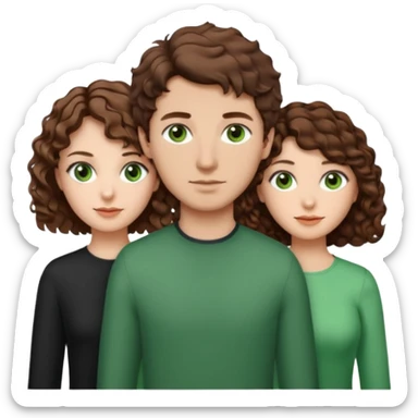 Man in the middle with brown hair and green eyes, women next to him with short brown hair with slight waves, taller women on right side with shoulder length curly hair and brown eyes sticker