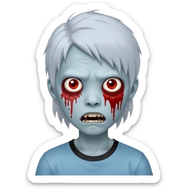 Create a 3D emoji-style avatar with very pale blue-grey zombie skin like the reference image, a young Asian face, and large eyes with blood tears. Give it white mullet-style hair, silver hoop earrings, and a simple black T-shirt. The expression should be slightly angry and has vampire teeth sticker