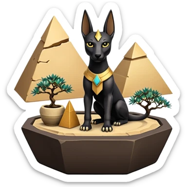 Kindly Protecting silky black-haired tiny statuette young miniature scale Anubis and pyramid scenery stone-age cracked irregular dodecagon bonsai pot  sticker