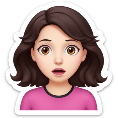 Barbie like emoji of a woman with white skin wavy dark brown hair, brown eyes wearing pink and with a surprised look sticker