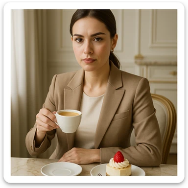 upper body portrait of a 25-35 year old woman, sophisticated and luxurious atmosphere, premium home cafe enthusiast enjoying the harmony of coffee and desserts, professional and quality-focused expression, clean and bright background sticker