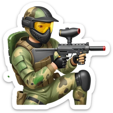 A paintball player in full gear, aiming a paintball gun with focus and determination. The scene includes vibrant splashes of paint and a dynamic battlefield setting, emphasizing action, strategy, and teamwork in a competitive environment sticker