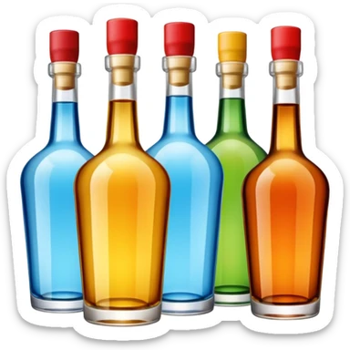 Four bottles of alcohol without labels, each with distinct shapes, arranged neatly in a row. The bottles should vary in color and size, with detailed caps. sticker