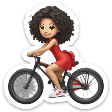 Taiwanese girl with curly hairstyle wearing red dress and nike air shoes riding black bicycle and listen music wearing earphone sticker