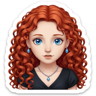 a girl with long curly red hair and blue eyes, in a black dress, with piercings sticker