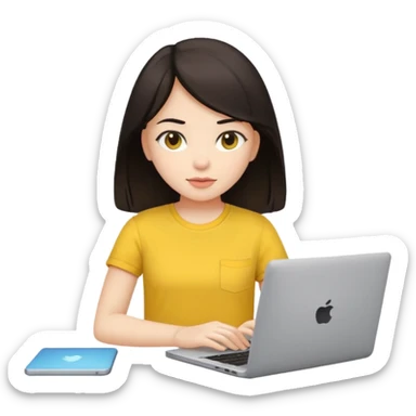 girl on a laptop, dark hair white skin and yellow shirt sticker