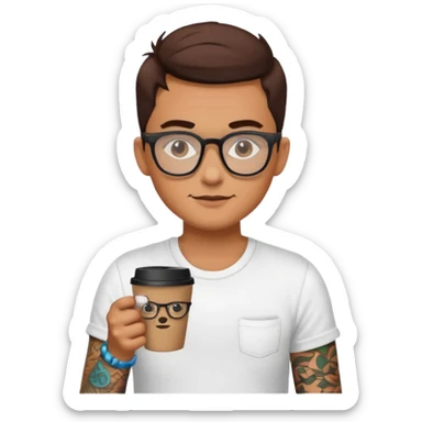 gözlük takan, dövmeli ve elinde kahve tutan, yaz kıyafetli insan. sticker