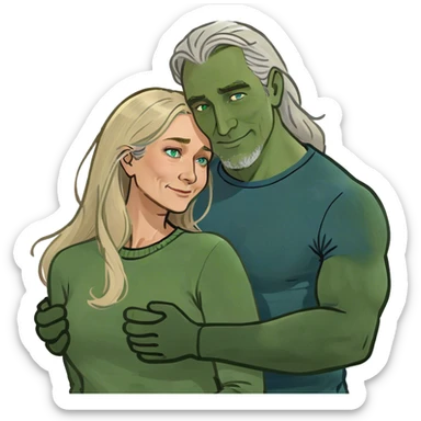Hug between woman in her 50s with long blonde hair and blue eyes and muscular man in his 50s with blonde and grey hair and no beard or mustache  sticker
