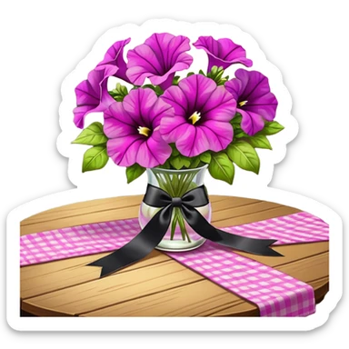 A lush bouquet of bright light margenta color petunia black satin ribbon, resting on an antique wooden table, with a pale yellow and pink plaid pattern table cloth sticker