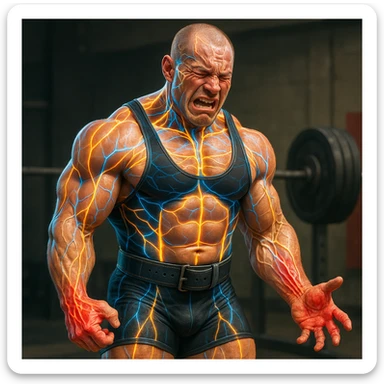 Powerlifter in competition clothing, muscles and nervous system glowing and growing, reddened and injured hand tendons, expression of pain, anatomical details, gym background sticker