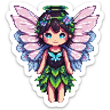 whimsical fairy with flower petal wings in pixel art style sticker