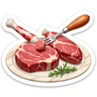 A raw red steak with visible marbling placed next to a small chicken drumstick. sticker