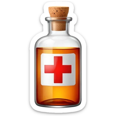 A glass medicine bottle with a cork top and red cross label sticker
