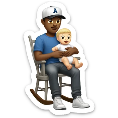Young white man in unlabeled baseball hat rocking a white infant baby in puffy grey rocker  sticker