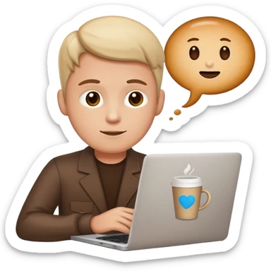 programmer emoji with laptop, with a thought bubble containing a coffee cup sticker