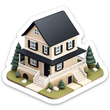 Isometric exterior little black, beige, and white mountain house, dollhouse style 3D realistic  sticker