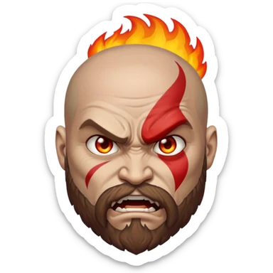 A custom emoji design of "Kratos" from "God of War", "Rage mode with fire eyes", "Apple Emoji Style", isolated on white background, clean lines, high quality sticker style, vector graphics, minimalistic sticker