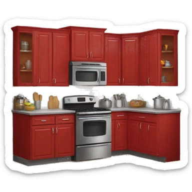 Realistic front facing red hanging kitchen cabinets and counter.  sticker