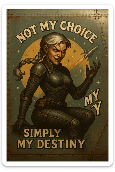 a retro military pinup fuselage decoration for the motto " not my choice, simply my destiny "
; female figure, white hair 1 braid, gold yellow eyes, spacer, fierce, exo-rogue, menacing yet taunting sticker