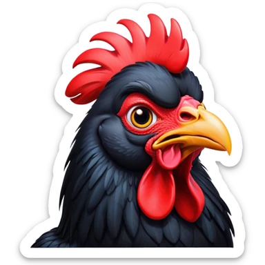 Cinematic Comical Black Rooster Portrait Emoji, Head tilted dramatically with an exaggeratedly shocked or amused expression, featuring a striking pure black plumage with a bold red comb, wide, expressive eyes filled with playful disbelief, Simplified yet hilariously expressive features, highly detailed, glowing with a slightly sassy glow, high shine, dramatic yet playful, stylized with an air of cheeky mischief, bright and endearing, soft glowing outline, capturing the essence of a spirited and over-the-top rooster, so meme-worthy it feels like it could crow its way into internet fame instantly! sticker