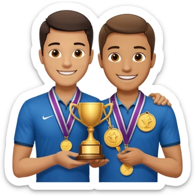 winner ceremony with one guy handing another guy a trophy. One having a medal around his neck sticker