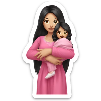 Beautiful Russian lady very long black hair pink clothes holding baby  sticker