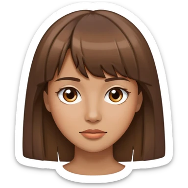 She has a tan complexion, straight brown hair that falls just below her shoulders, and she has bangs framing her face. sticker