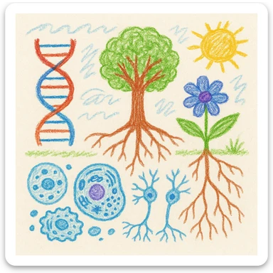 A realistic biological illustration (like in a school book) showing: DNA strands transitioning into a tree, cells with visible organelles, neurons connected to plant roots  and a balanced ecosystem background . Seamless integration, no labels or borders, white or transparent background, detailed but minimalist.  sticker