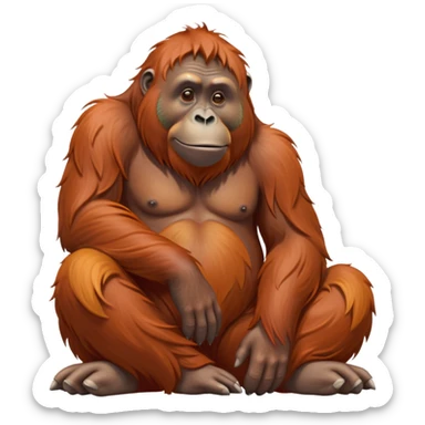 cinematic-orangutan-realistic-full-body-sitting-emoji,-massive-frame-relaxed-with-arms-folded-thoughtfully,-thick-orange-fur-flowing-in-the-breeze,-head-tilted-dramatically,-deep-dark-eyes-filled-with-ancient-wisdom,-simplified-yet-realistic-focused-features,-highly-detailed,-glowing-with-an-almost-sarcastic-glow sticker