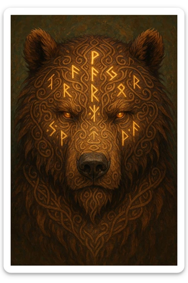 a bear's head decorated with ancient runes, tribal fantasy sticker