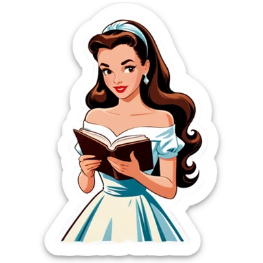 Beautiful woman in 1950’s woman fashion look, off-shoulder white dress, long dark brown hair, reading  sticker