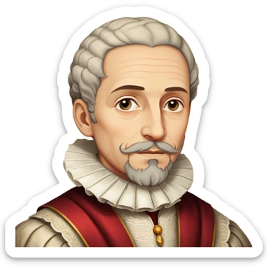 Cinematic Realistic Miguel de Cervantes Portrait Emoji, depicted as a wise thoughtful literary figure in period attire with a reflective gaze, rendered with detailed textures and soft historical lighting that captures his enduring literary legacy. sticker