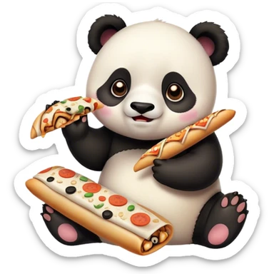 create an emoji of a cute little panda eating Japanese rolls and Italian pizza with stretchy cheese sticker