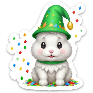 Rabbit in Green Party Hat – white bunny with cone party hat and confetti. sticker