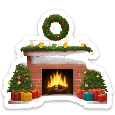 Brick Fireplace with wreath and Christmas lights and stockings sticker