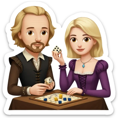 Can you make an emoji of William Shakespeare and Anne Hathaway (his wife-1582) playing Yahtzee. She needs to be blonde!  sticker