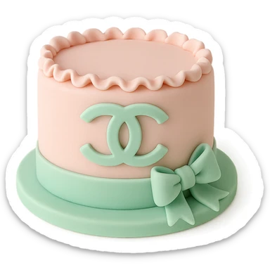 Chanel logo cake in pastel pink and mint green, elegant and delicate, fondant cake art style sticker