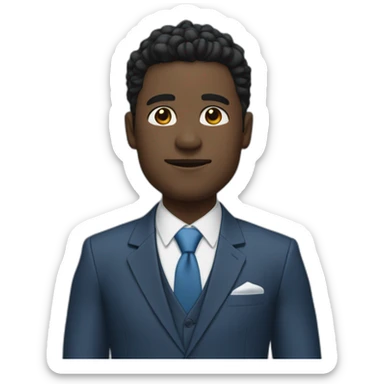 rk blue suit with a notched lapel, over a white shirt with no visible tie.  His pose is relaxed and professional, with a slight head tilt that contributes to the friendly demeanor sticker