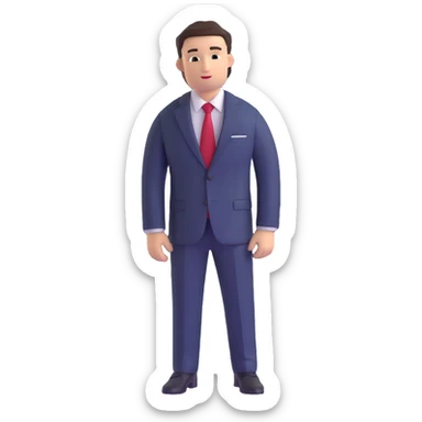 man wearing a dark blue-gray business suit with a white shirt and a red tie sticker