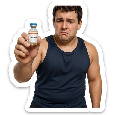 young athlete with muscular but not defined physique, shiny skin, insecure look, sportswear, holding bottle of anabolic steroids, first cycle atmosphere, isolated on white background sticker