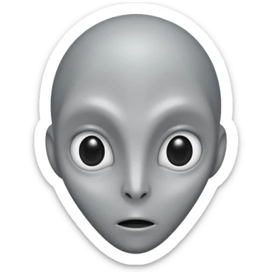 Portrait of a grey alien with large black eyes, thin face, elongated head, smooth grey skin, minimalist design sticker