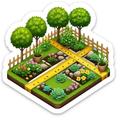 Icon for Landscape Design: a garden layout with plants, trees, paths, and design tools like a ruler, pencil and measuring tape. The icon should represent creativity in outdoor space planning and gardening. Transparent background. sticker