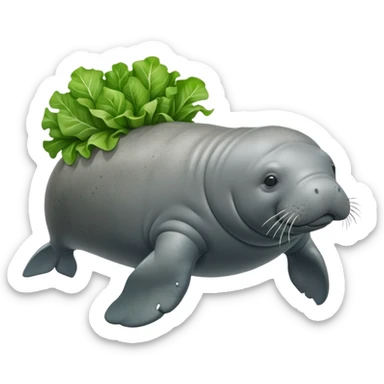 Cinematic realistic full body side view of a manatee holding a head of lettuce  sticker
