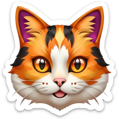 Cinematic Comical Calico Cat Portrait Emoji, Head tilted dramatically with an exaggeratedly surprised expression, showcasing a vibrant patchwork fur of orange, black, and white with wide, comically expressive eyes, simplified yet hilariously detailed, glowing with a sassy, golden radiance, high shine, exuding playful mischief and cheeky feline attitude, styled with a soft glowing outline, capturing the essence of a calico cat that looks ready to leap off the screen with mischievous flair! sticker