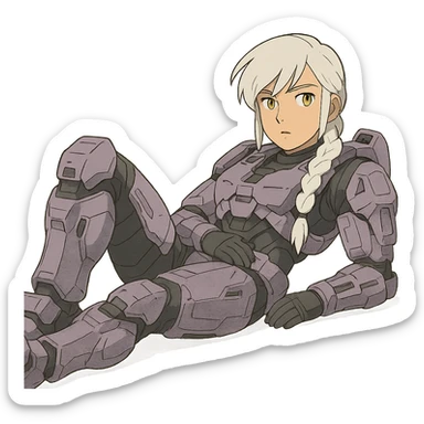 female, wearing reach spartan armor shoulder-unequip, long white braid hair with massive messy front side single bangs, gold yellow eyes, attention pose, HALO:series, no helmet, the armor is lavender color scheme, laying back and relaxing flat on the ground sticker